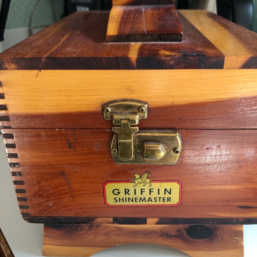 Vintage Griffin Shinemaster shoeshine wooden box with vintage brushes